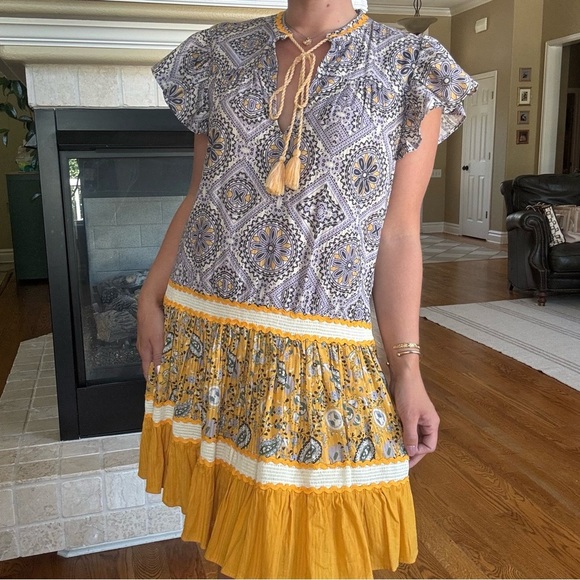 Forever That Girl Ruffle Drop Waist Tunic Dress Boho Bright Print XS Formal - Picture 1 of 9